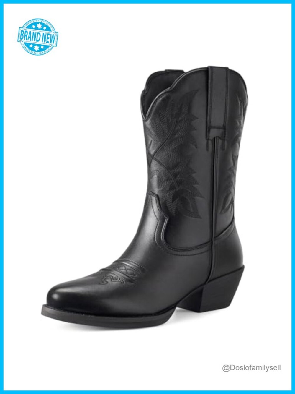 Genuine Leather Western Cowboy Boots Almond Toe Mid Calf Pull On Women's
